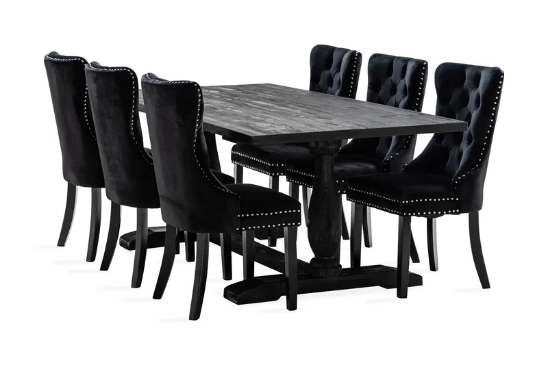Dijon Spisebordssæt 200 cm Rektangulært Spisebord med 6 Bergviken Stole, Brun / Sort / Fløjl