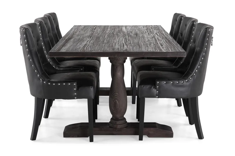 Dijon Spisebordssæt 200 cm Rektangulært Spisebord med 6 Tuva Stole - Vintage Træ / Sort PU - Møbler - Borde - Spisebordssæt