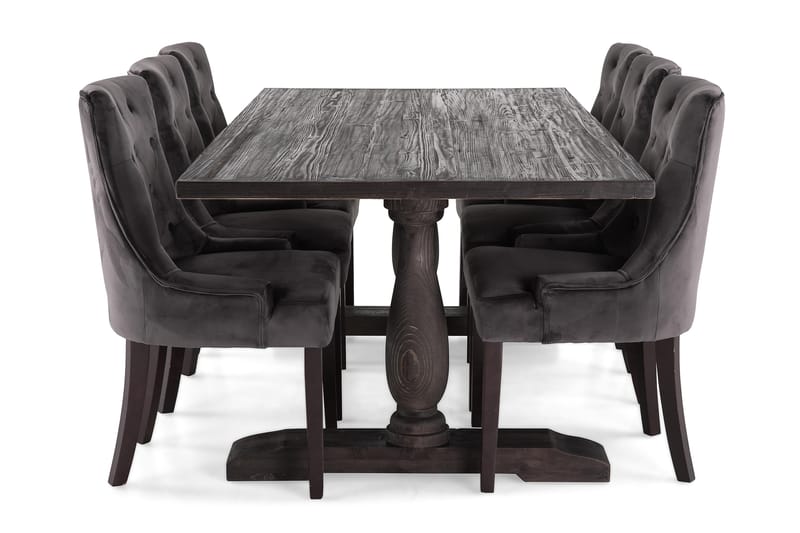 Dijon Spisebordssæt 200cm m. 6 Viktoria Stole - Vintage Elm/Mørkegrå Velour - Spisebordssæt