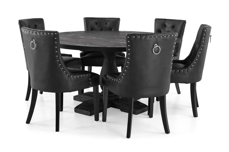 Dijon Spisegruppe 150 cm Rundt spisebord med 6 Tuva Stole - Vintage Træ / Sort PU - Møbler - Borde - Spisebordssæt