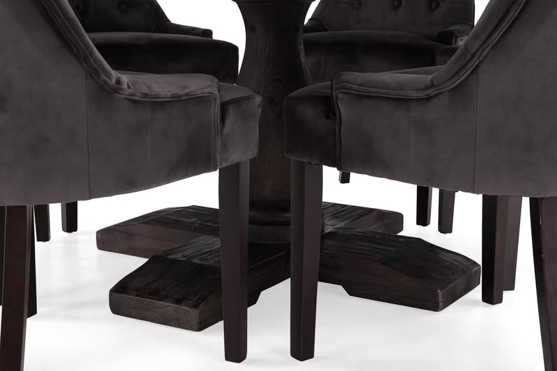 Dijon Spisegruppe 150 cm Rundt spisebord med 6 Viktoria Stole - Vintage Træ / Grå Fløjl - Møbler - Borde - Spisebordssæt