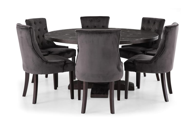 Dijon Spisegruppe 150 cm Rundt spisebord med 6 Viktoria Stole - Vintage Træ / Grå Fløjl - Møbler - Borde - Spisebordssæt