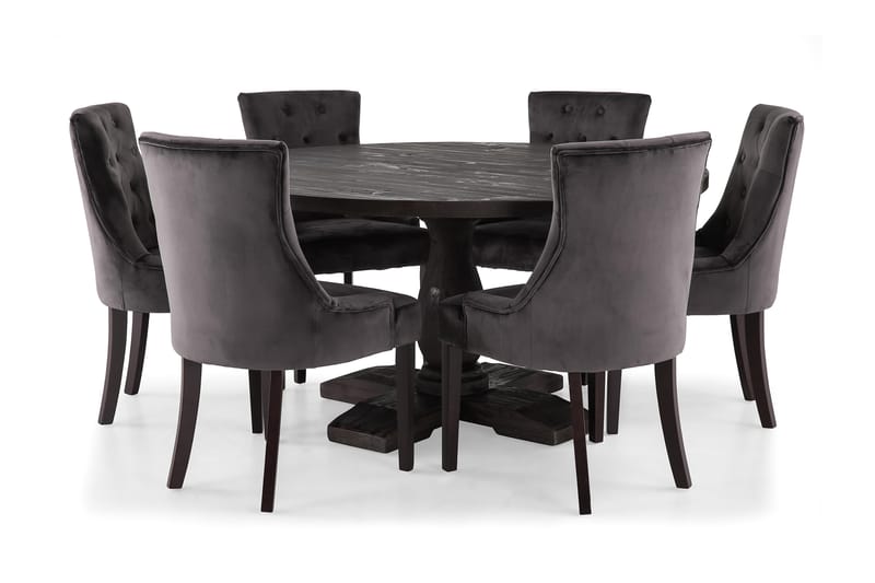 Dijon Spisegruppe 150 cm Rundt spisebord med 6 Viktoria Stole - Vintage Træ / Grå Fløjl - Møbler - Borde - Spisebordssæt