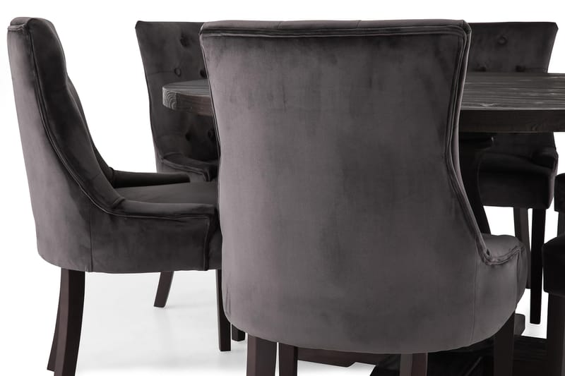Dijon Spisegruppe 150 cm Rundt spisebord med 6 Viktoria Stole - Vintage Træ / Grå Fløjl - Møbler - Borde - Spisebordssæt