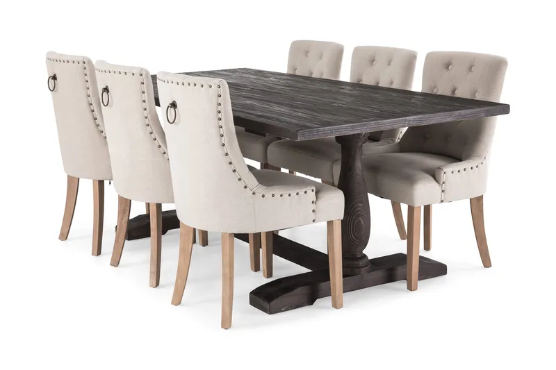 Dijon Spisegruppe 200 cm Rektangulær med 6 Viktoria Stole, Vintage Træ / Beige Træ