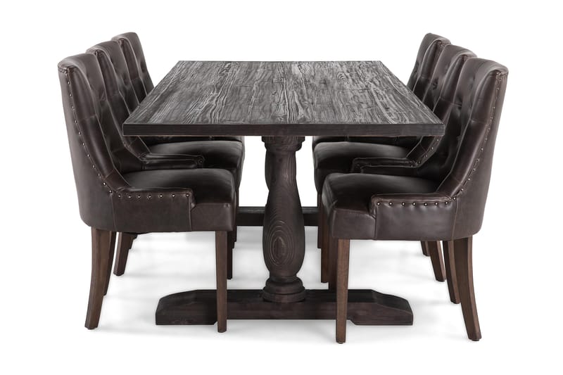 Dijon Spisegruppe 200 cm Rektangulært udtrækkeligt bord med 6 Stole - Vintage Træ / Brun PU - Møbler - Borde - Spisebordssæt