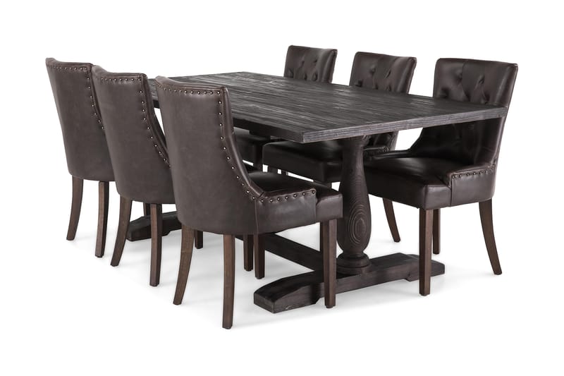 Dijon Spisegruppe 200 cm Rektangulært udtrækkeligt bord med 6 Stole - Vintage Træ / Brun PU - Møbler - Borde - Spisebordssæt