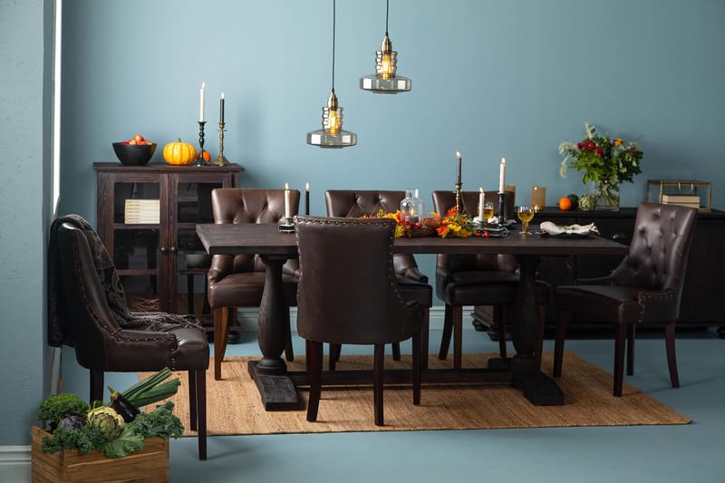 Dijon Spisegruppe 200 cm Rektangulært udtrækkeligt bord med 6 Stole - Vintage Træ / Brun PU - Møbler - Borde - Spisebordssæt