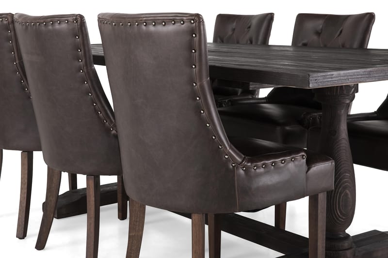 Dijon Spisegruppe 200 cm Rektangulært udtrækkeligt bord med 6 Stole - Vintage Træ / Brun PU - Møbler - Borde - Spisebordssæt