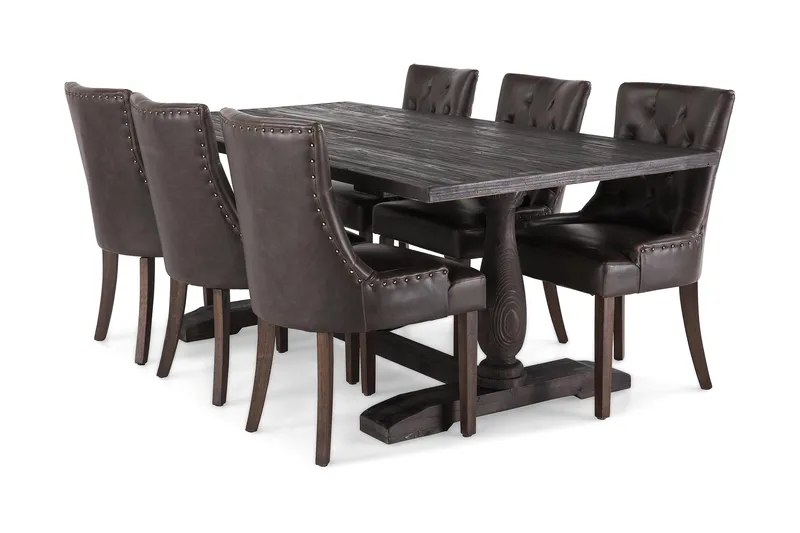 Dijon Spisegruppe 200 cm Rektangulært udtrækkeligt bord med 6 Stole, Vintage Træ / Brun PU