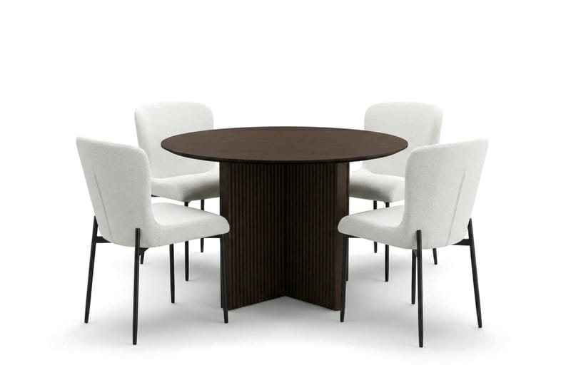 Edda spisegruppe rund 110 cm røget eg med 4 Elsie spisebordsstole, Røget eg/hvid