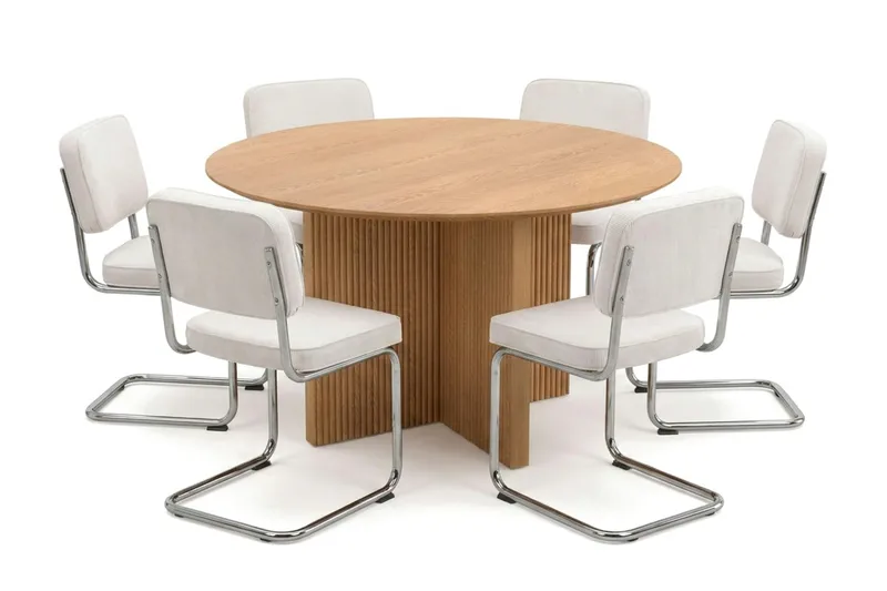 Edda spisegruppe rund 130 cm eg med 6 Milva spisebordsstole, Eg