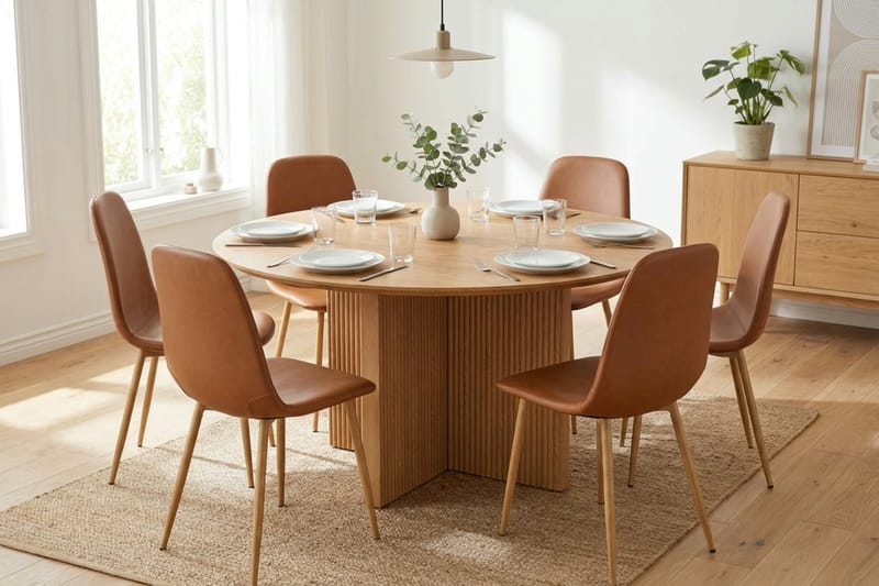 Edda spisegruppe rund 130 cm Eg med 6 Nibe spisestole - Eg - Møbler - Borde - Spisebordssæt