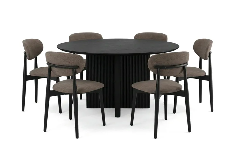 Edda spisegruppe rund 130 cm sort med 6 Molly spisebordsstole, Sort