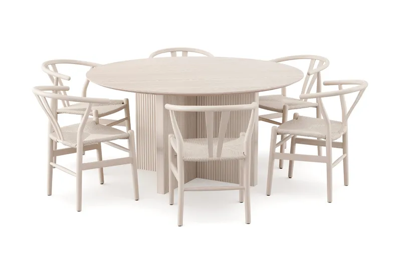 Edda spisegruppe rund 150 cm hvidlaseret med 6 Dastoori spisestole, Hvidlaseret