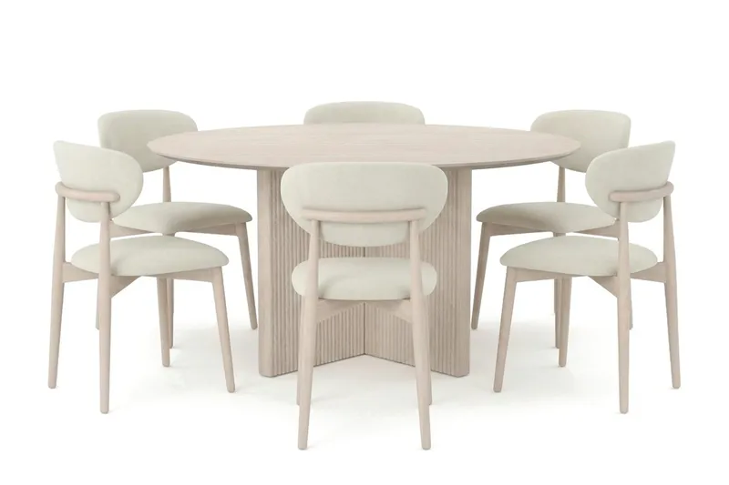 Edda spisegruppe rund 150 cm hvidlaseret med 6 Molly spisebordsstole, Hvidlaseret