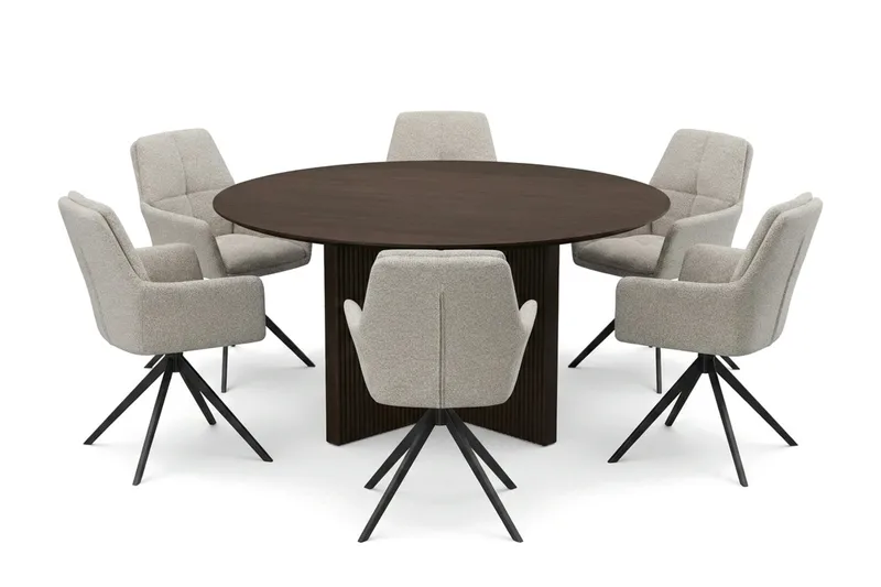 Edda spisegruppe rund 150 cm røget eg med 6 Torsby spisestole, Røget eg