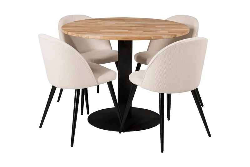 Ezra Spisebordssæt 100 cm Rund inkl 4 Valera Manchesterstole, Teak/Sort/Beige
