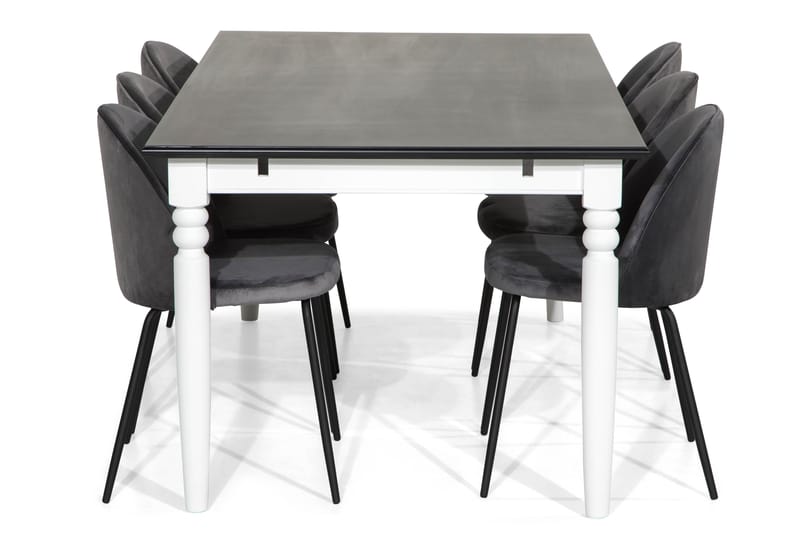 Hampton Spisebordssæt 190 med 6 Felipe Stol Velour - Sort/Grå/Sorte Ben - Spisebordssæt