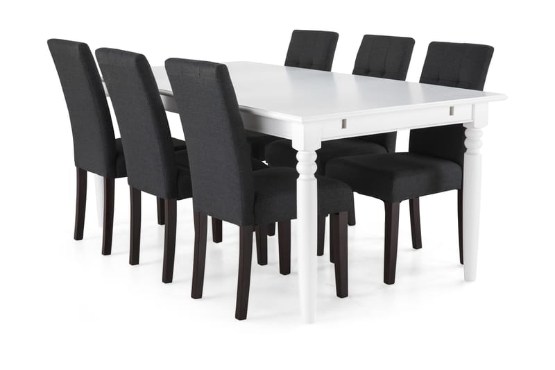 Hampton Spisebordssæt 190cm m. 6 Viktor Stole - Hvid/Mørkegrå/Mørkebrun - Spisebordssæt