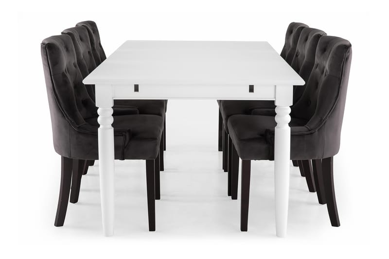 Hampton Spisebordssæt 190cm m. 6 Viktoria Stole - Hvid/Mørkegrå Velour - Møbler - Borde - Spisebordssæt