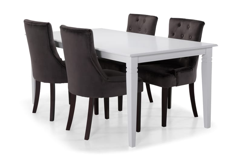 Hartford Spisebord med 6 stk Viktoria Lænestol - Hvid/Mørkegrå/Velour - Spisebordssæt