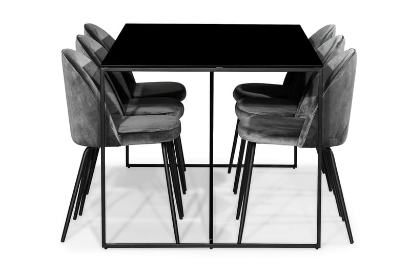Indy Spisebordssæt med 6 Felipe Stol Velour - Glas/Metal/Grå/Sort - Spisebordssæt