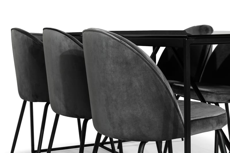 Indy Spisebordssæt med 6 Felipe Stol Velour - Glas/Metal/Grå/Sort - Møbler - Borde - Spisebordssæt