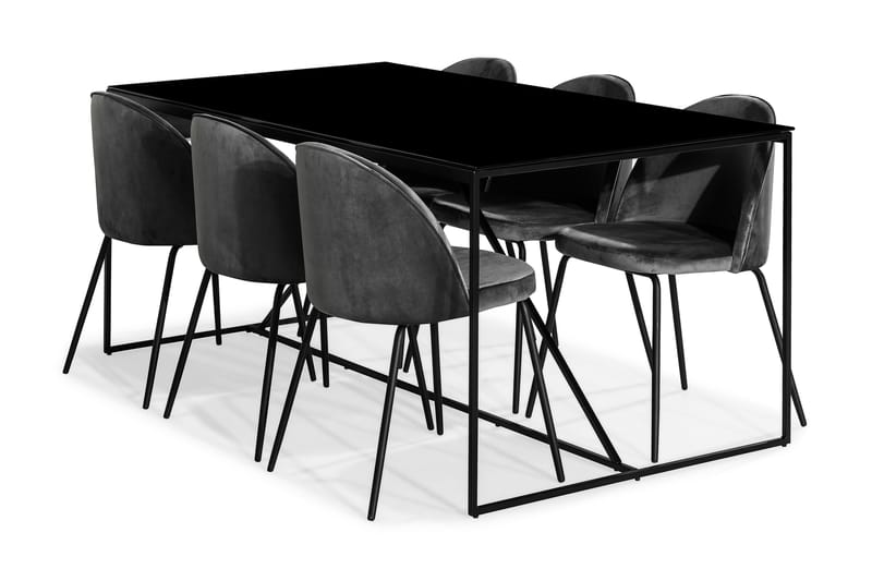 Indy Spisebordssæt med 6 Felipe Stol Velour - Glas/Metal/Grå/Sort - Spisebordssæt