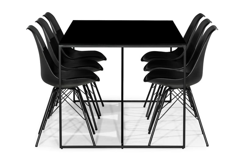Indy Spisebordssæt med 6 Shell Stole - Glas/Metal/Sort PU - Spisebordssæt