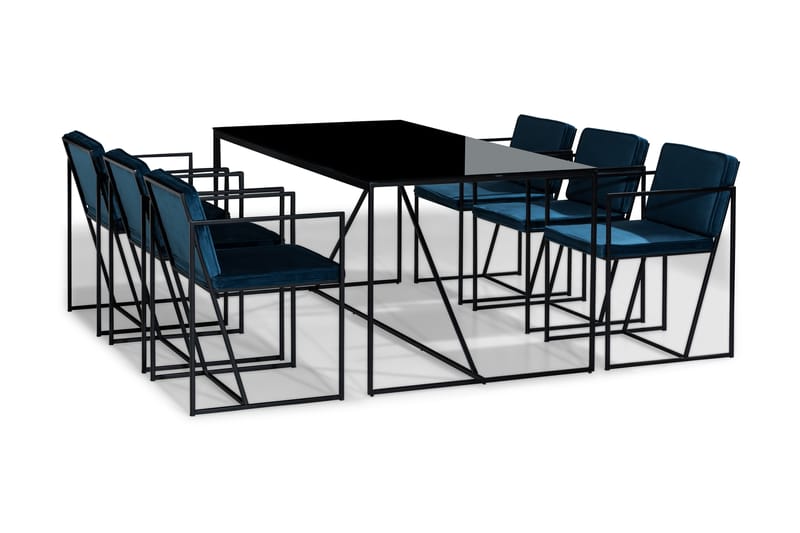 Indy Spisebordssæt med 6 Stole - Glas/Metal/Vit/Blå - Spisebordssæt