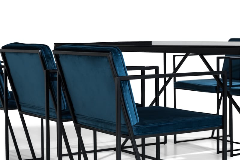 Indy Spisebordssæt med 6 Stole - Glas/Metal/Vit/Blå - Spisebordssæt