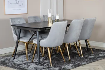 Irunea Udvideligt Spisebordssæt 180cm inkl 6 Valera Lyx Stol - Sort/Grå/Messing - Møbler - Borde - Spisebordssæt