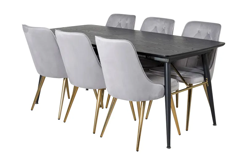 Irunea Udvideligt Spisebordssæt 180cm inkl 6 Valera Lyx Stol, Sort/Grå/Messing