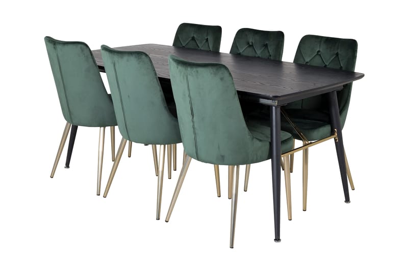 Irunea Udvideligt Spisebordssæt 180cm inkl 6 Valerie Lyx Sto, Sort/Mørkegrøn/Guld