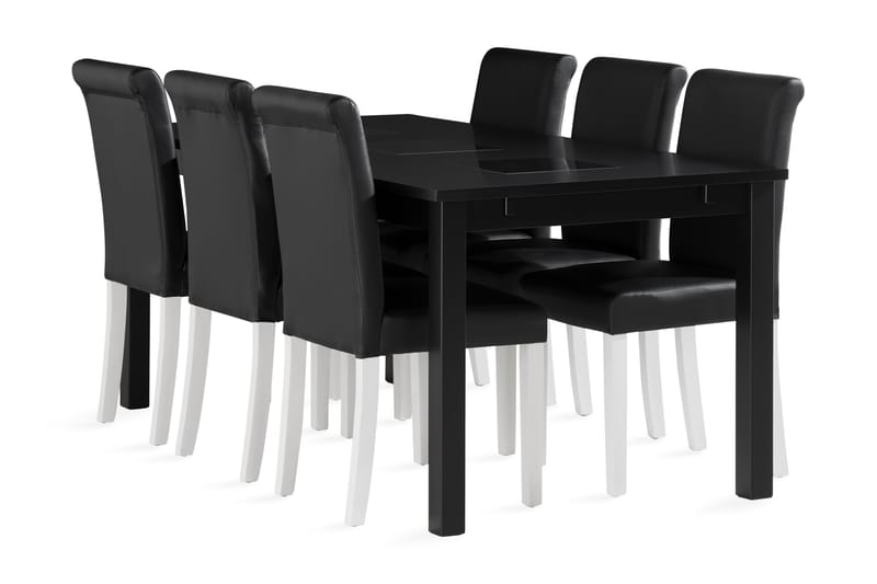 Jasmin Spisebord 180cm m 6 Ravesta Spisebordsstol Kunstlæder - Sort - Spisebordssæt