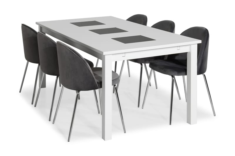 Jasmin Spisebordssæt 180 med 6 Felipe Stol Velour - Hvid/Grå/Forkromede Ben - Spisebordssæt