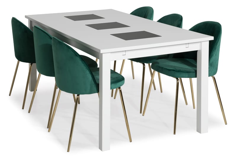 Jasmin Spisebordssæt 180 med 6 Felipe Stol Velour - Hvid/Grøn/Messingben - Spisebordssæt