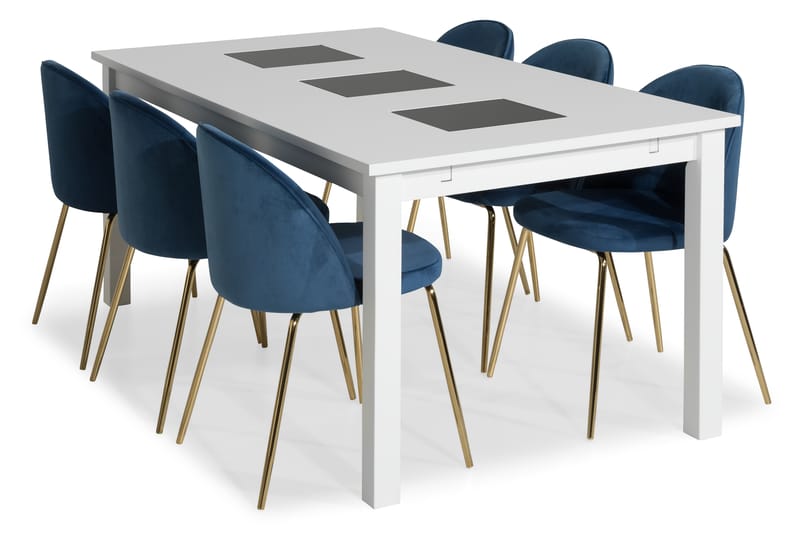 Jasmin Spisebordssæt 180 med 6 Felipe Stol Velour - Hvid/Mørkeblå/Messingben - Spisebordssæt