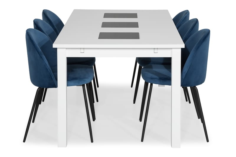 Jasmin Spisebordssæt 180 med 6 Felipe Stol Velour - Hvid/Mørkeblå/Sorte Ben - Spisebordssæt