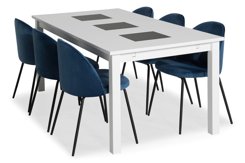 Jasmin Spisebordssæt 180 med 6 Felipe Stol Velour - Hvid/Mørkeblå/Sorte Ben - Spisebordssæt
