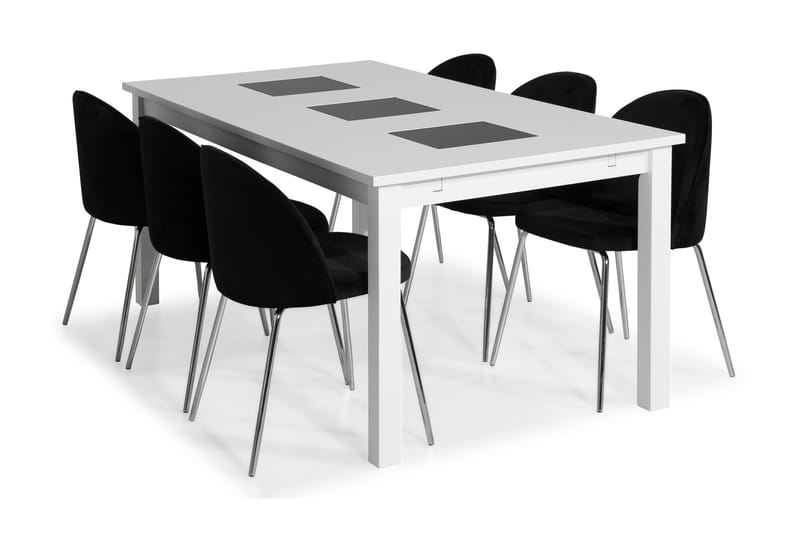 Jasmin Spisebordssæt 180 med 6 Felipe Stol Velour - Hvid/Sort/Forkromede Ben - Spisebordssæt