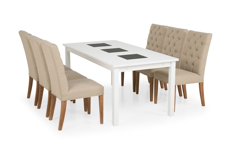 Jasmin Spisebordssæt med 6 Jenny stole - Beige/Hvid/Træ - Spisebordssæt