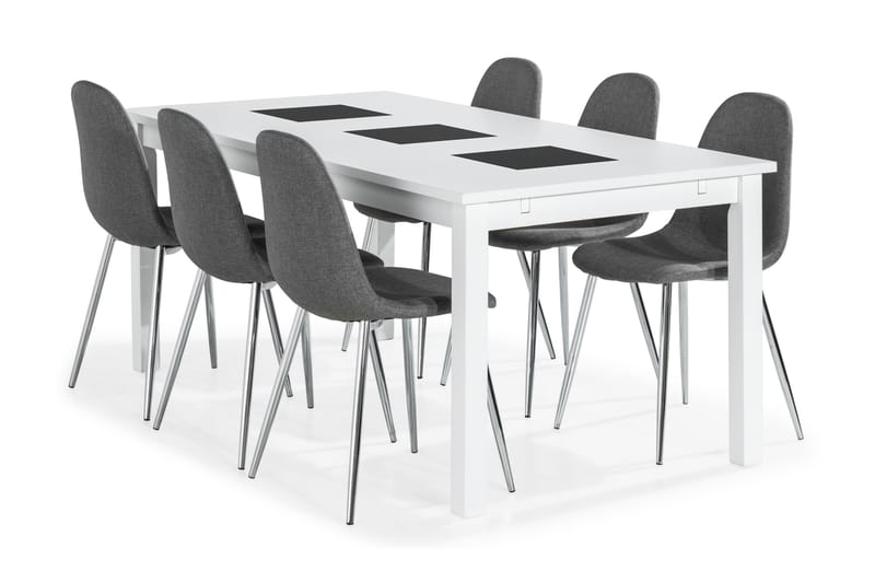 Jasmin Spisebordssæt med 6 Nibe Stole - Hvid/Grå/Krom - Spisebordssæt