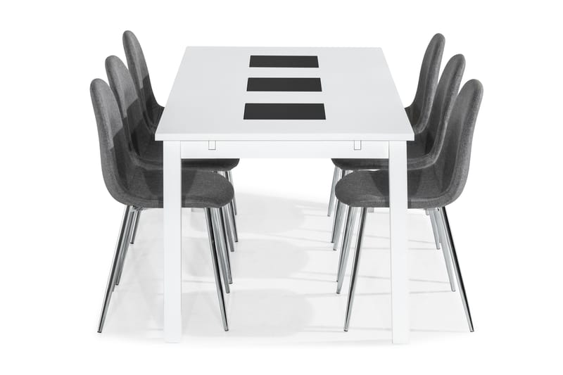 Jasmin Spisebordssæt med 6 Nibe Stole - Hvid/Grå/Krom - Spisebordssæt