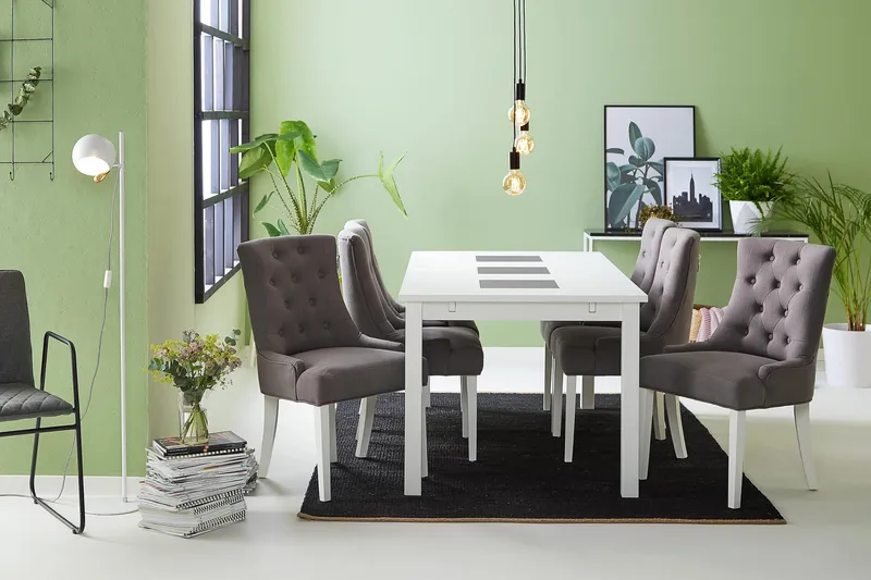 Jasmin Spisebordssæt med 6 stk Viktoria Stole - Hvid/Grå - Møbler - Borde - Spisebordssæt