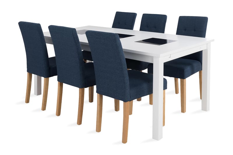 Jasmin Spisebordssæt med 6 Viktor Stole - Hvid/Blå/Eg - Spisebordssæt