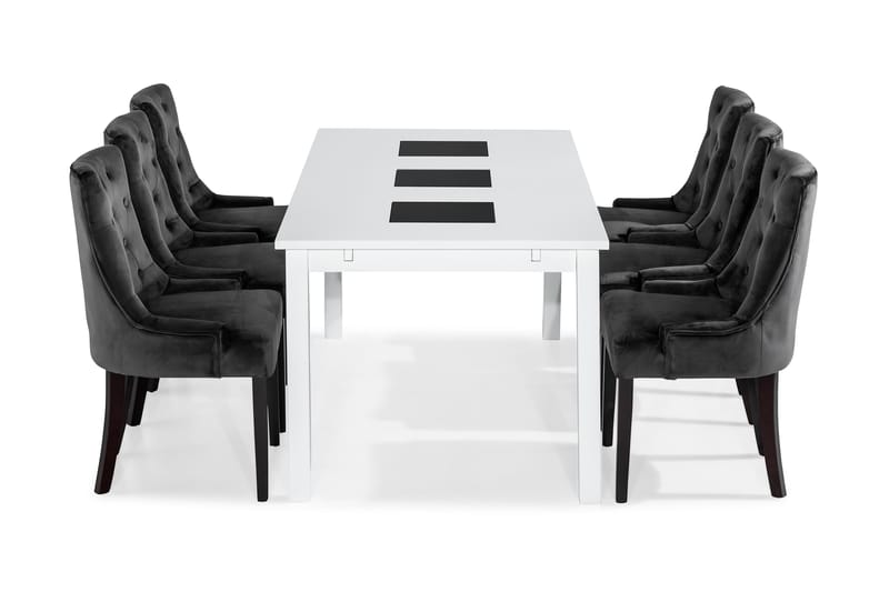 Jasmin Spisebordssæt med 6 Viktoria Lænestole - Hvid/Grå Velour - Spisebordssæt