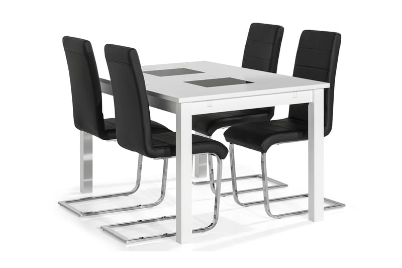 Jasmin Udvideligt Spisebordssæt 140 cm med 4 Cibus Stole - Hvid/Sort PU/Krom - Spisebordssæt