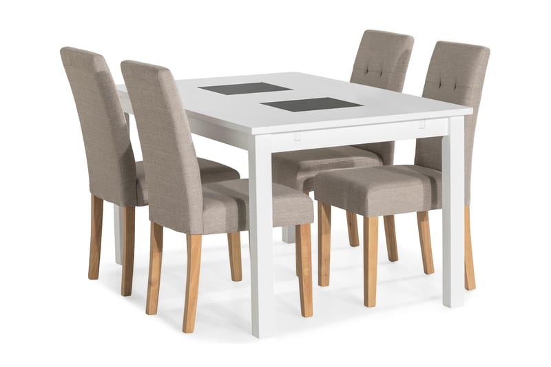 Jasmin Udvideligt Spisebordssæt 140 cm med 4 Viktor Stole - Hvid/Beige/Eg - Spisebordssæt
